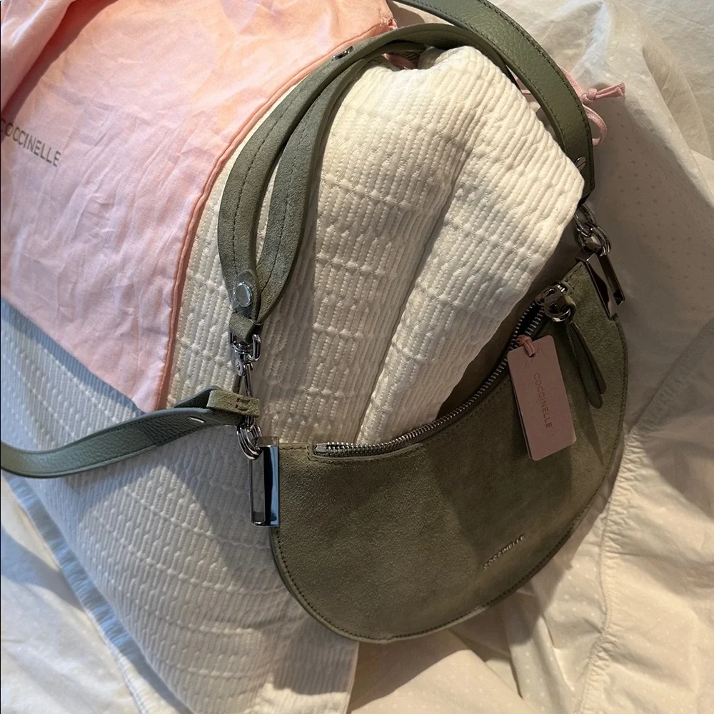 Coccinelle Purse NWT light green suede Italian wear on shoulder wrist crossbody - Picture 2 of 15